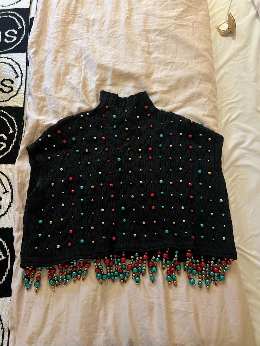 Zara Black Knit Beaded Fringe Poncho with Red Accent